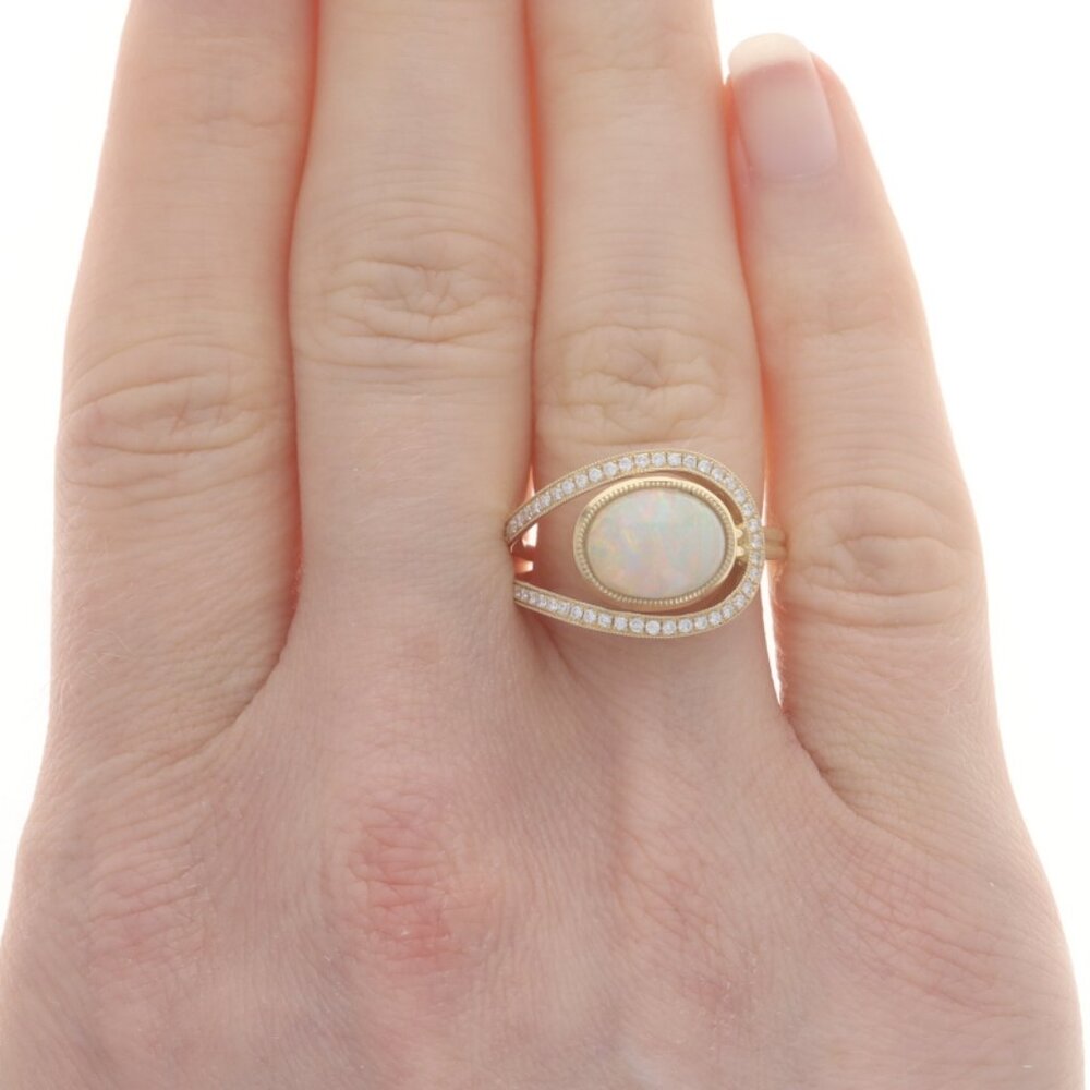Yellow Gold Opal Diamond Loop Ring - 14k Oval Cabochon 2.09ctw Milgrain - Picture 2 of 6